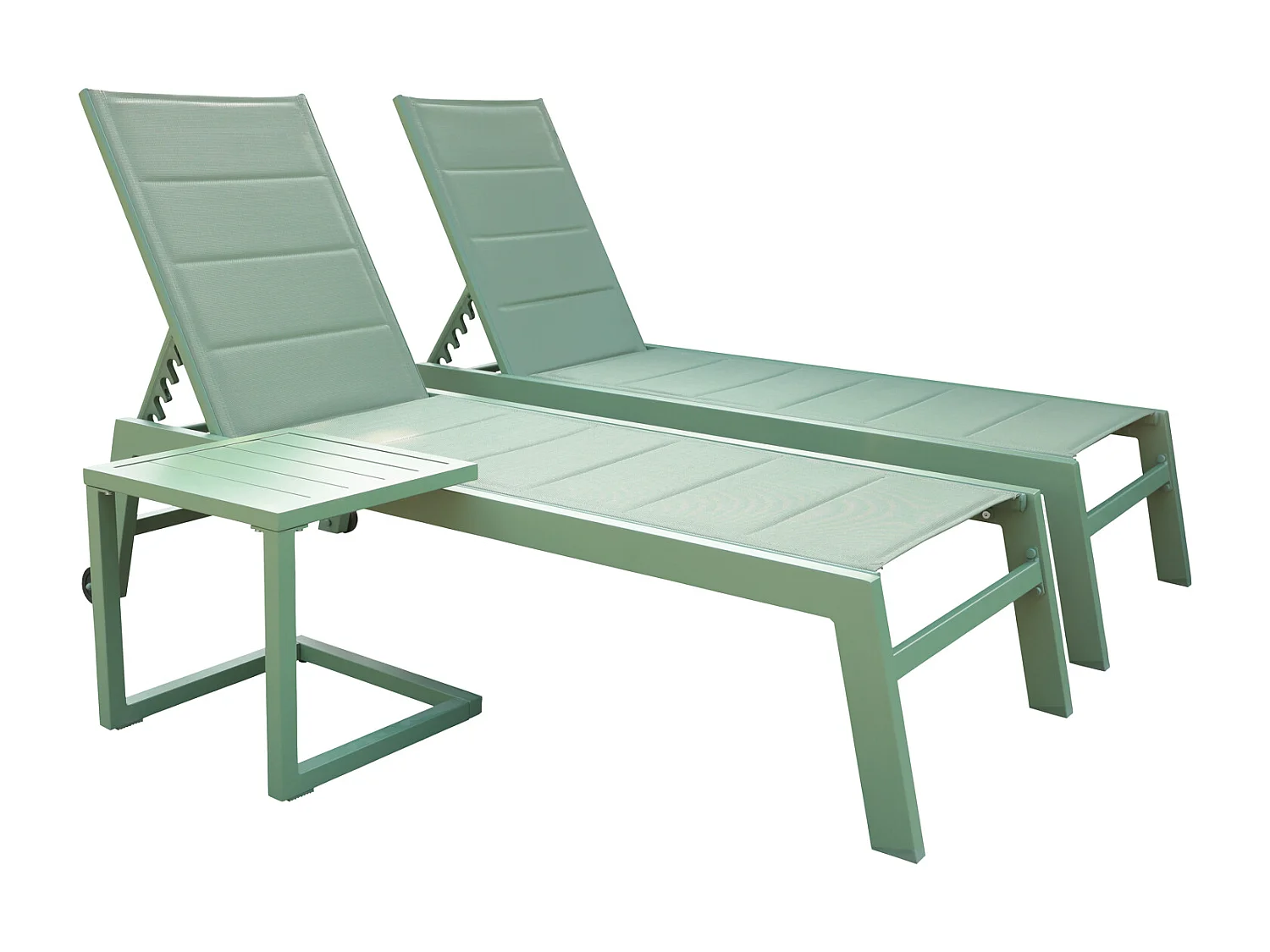 Set 2 bains de soleil et table d'appoint BARBADOS en textilène vert sauge - aluminium vert sauge - HAPPY GARDEN