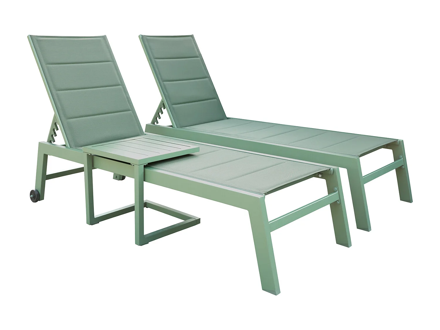 Set 2 bains de soleil et table d'appoint BARBADOS en textilène vert sauge - aluminium vert sauge - HAPPY GARDEN