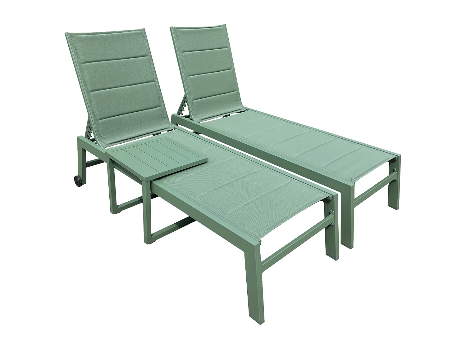 Set 2 bains de soleil et table d'appoint BARBADOS en textilène vert sauge - aluminium vert sauge - HAPPY GARDEN