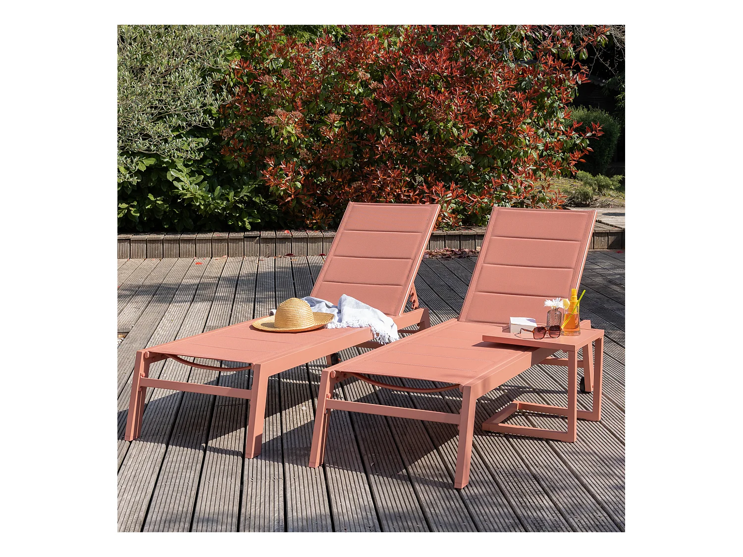 Set 2 bains de soleil et table d'appoint BARBADOS en textilène terracotta - aluminium terracotta - HAPPY GARDEN