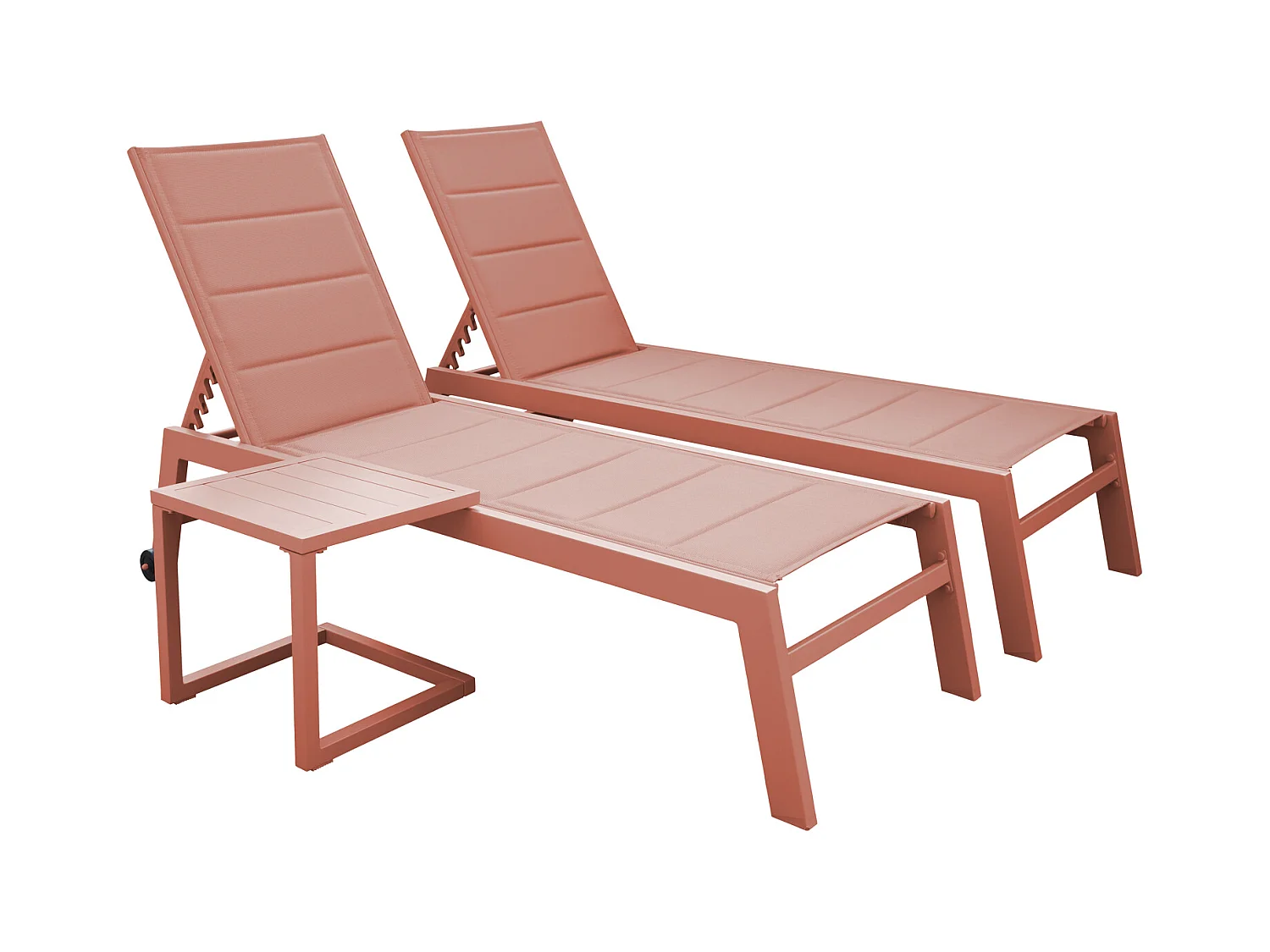 Set 2 bains de soleil et table d'appoint BARBADOS en textilène terracotta - aluminium terracotta - HAPPY GARDEN