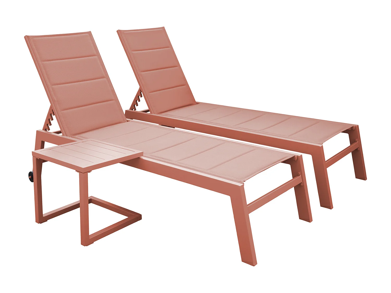 Set 2 bains de soleil et table d'appoint BARBADOS en textilène terracotta - aluminium terracotta - HAPPY GARDEN