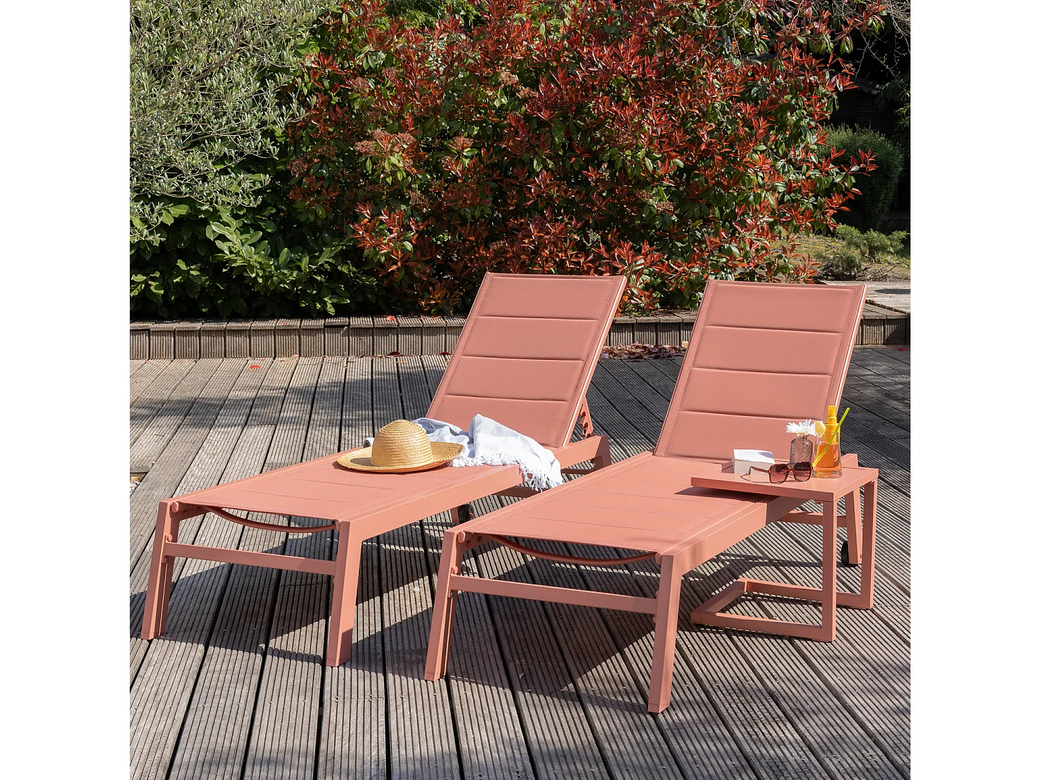 Set 2 bains de soleil et table d'appoint BARBADOS en textilène terracotta - aluminium terracotta - HAPPY GARDEN
