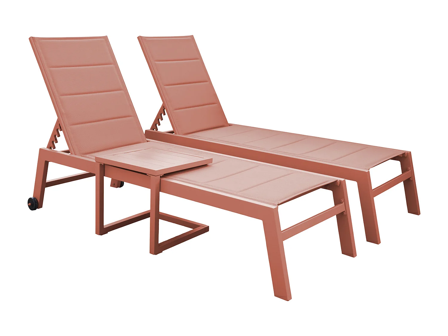 Set 2 bains de soleil et table d'appoint BARBADOS en textilène terracotta - aluminium terracotta - HAPPY GARDEN
