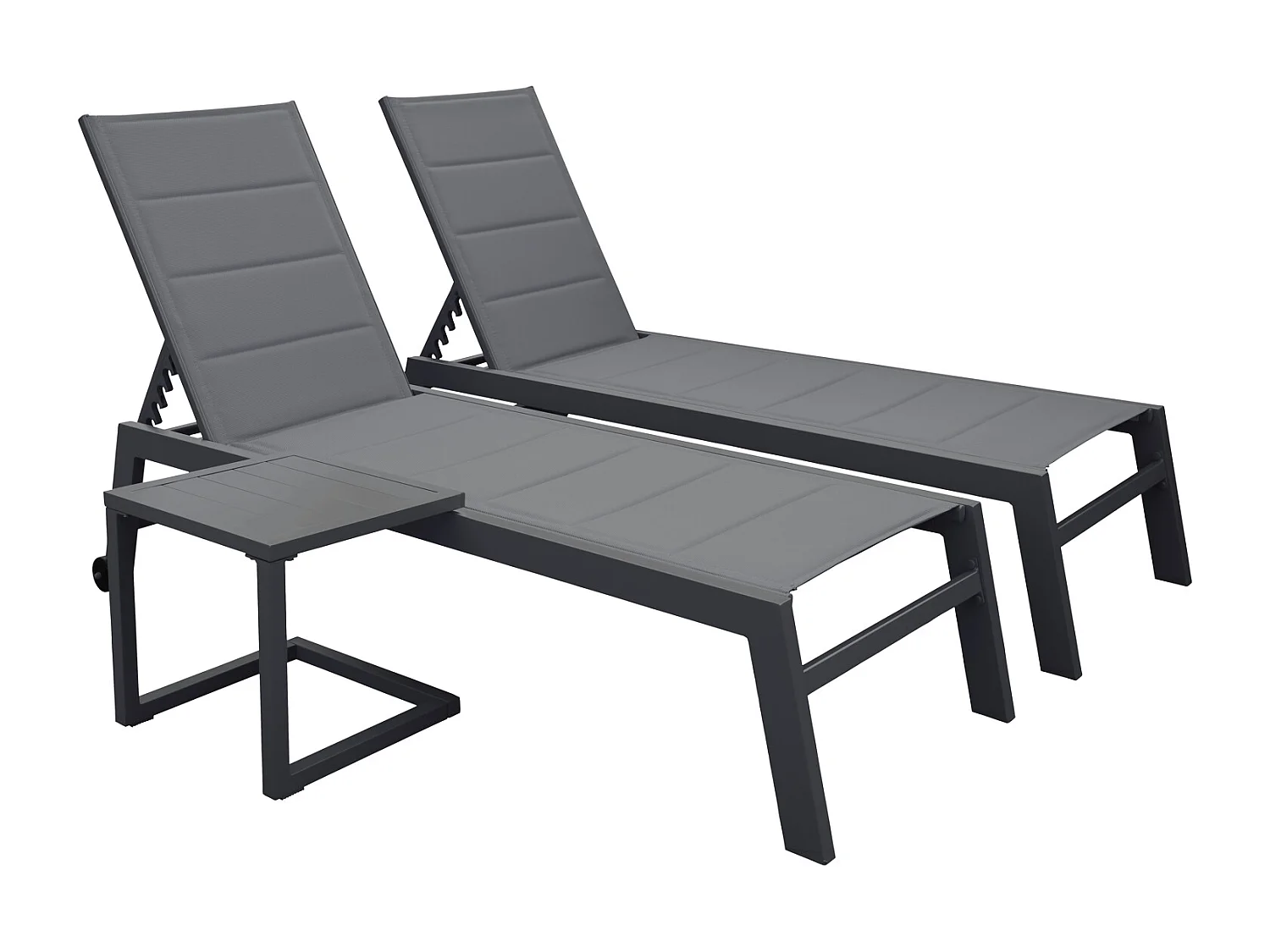 Set 2 bains de soleil et table d'appoint BARBADOS en textilène gris - aluminium gris anthracite - HAPPY GARDEN