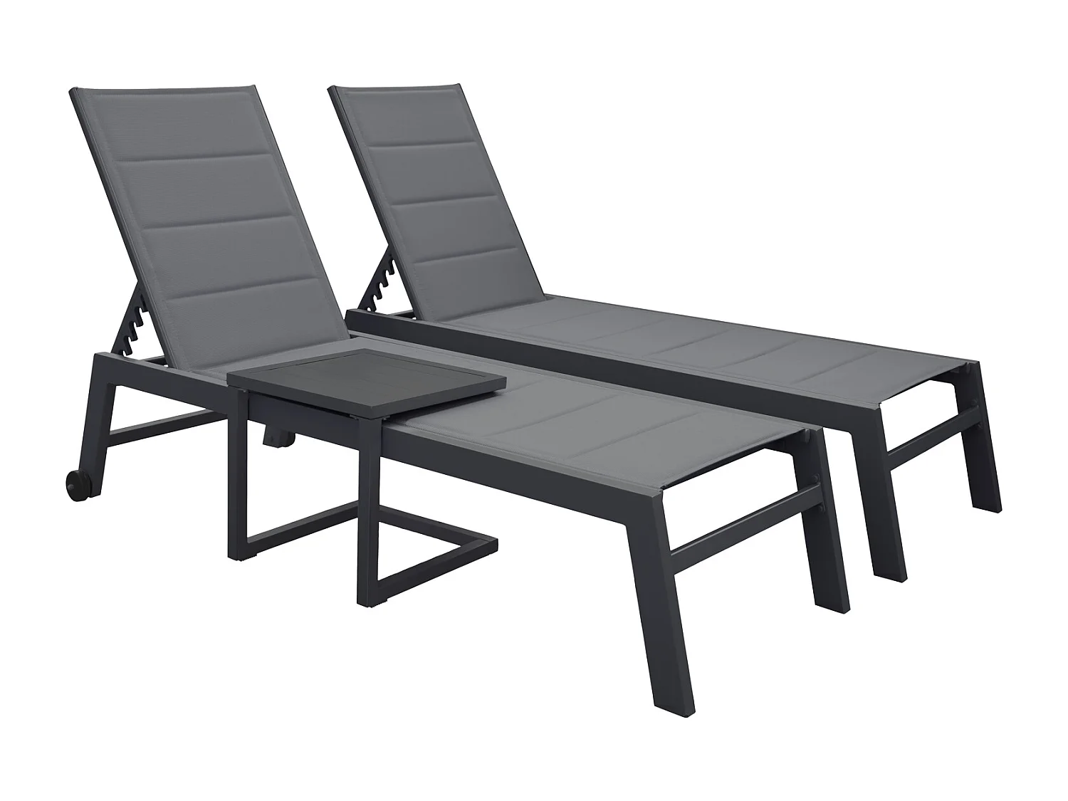 Set 2 bains de soleil et table d'appoint BARBADOS en textilène gris - aluminium gris anthracite - HAPPY GARDEN