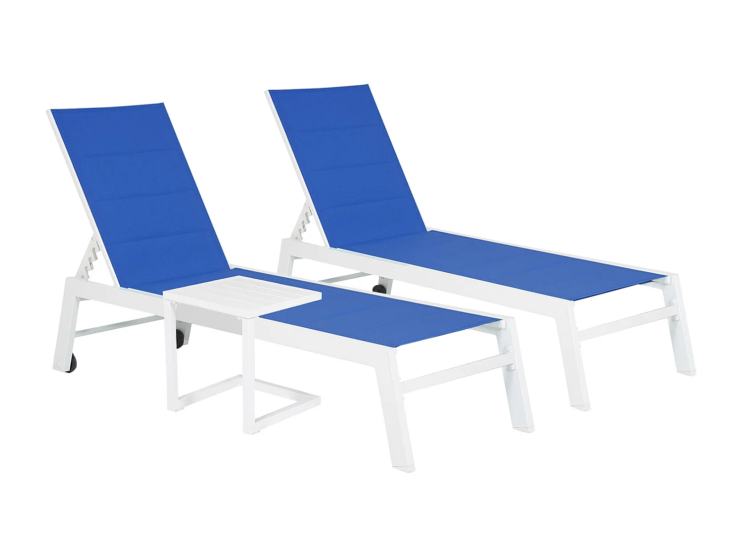Set 2 bains de soleil et table d'appoint BARBADOS en textilène bleu - aluminium blanc - HAPPY GARDEN