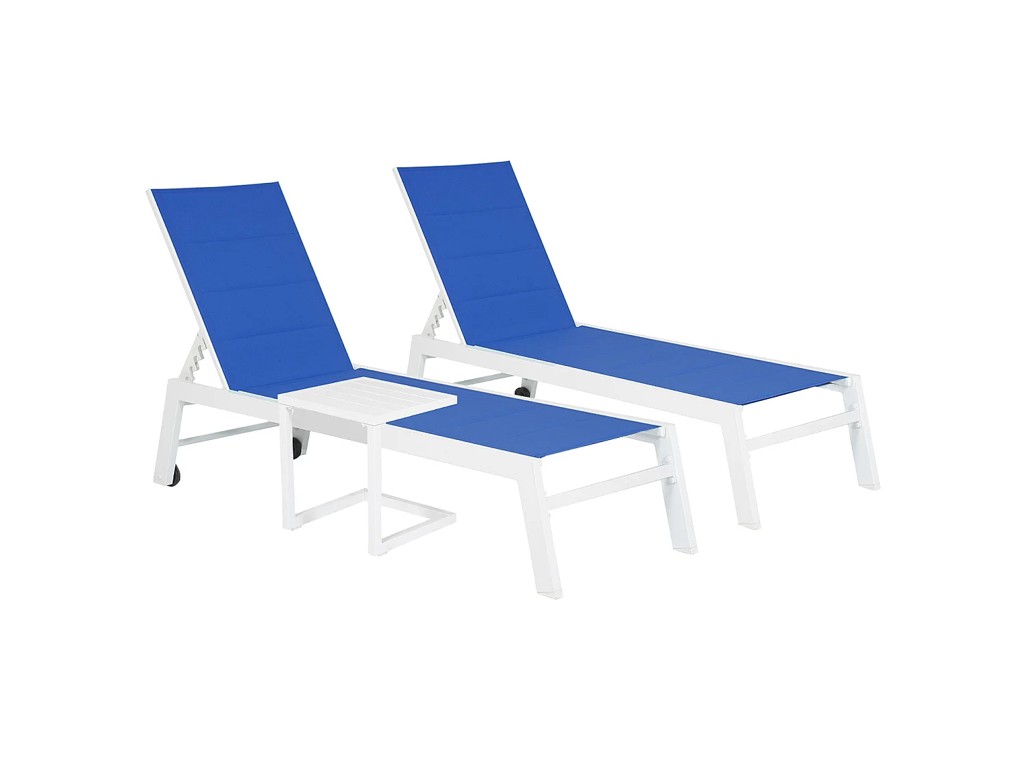 Set 2 bains de soleil et table d'appoint BARBADOS en textilène bleu - aluminium blanc - HAPPY GARDEN