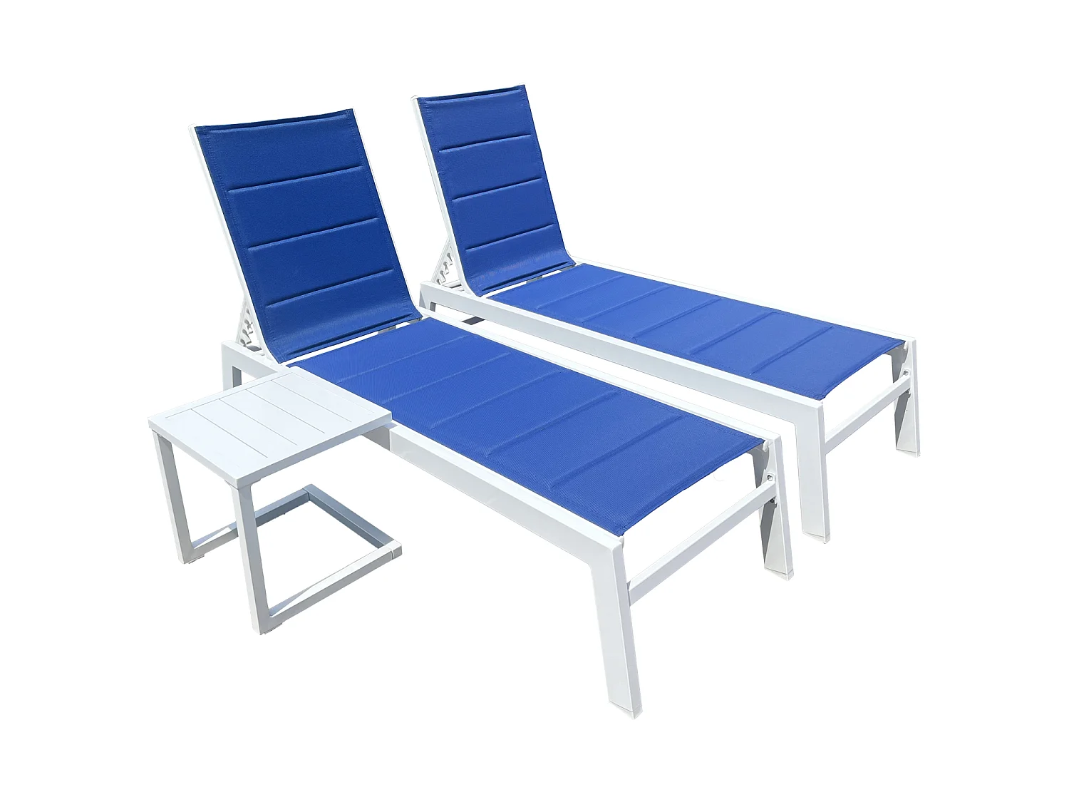 Set 2 bains de soleil et table d'appoint BARBADOS en textilène bleu - aluminium blanc - HAPPY GARDEN