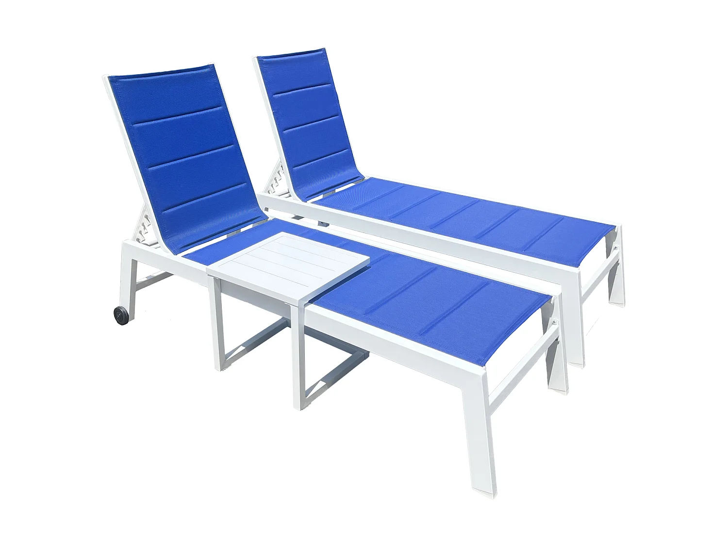 Set 2 bains de soleil et table d'appoint BARBADOS en textilène bleu - aluminium blanc - HAPPY GARDEN