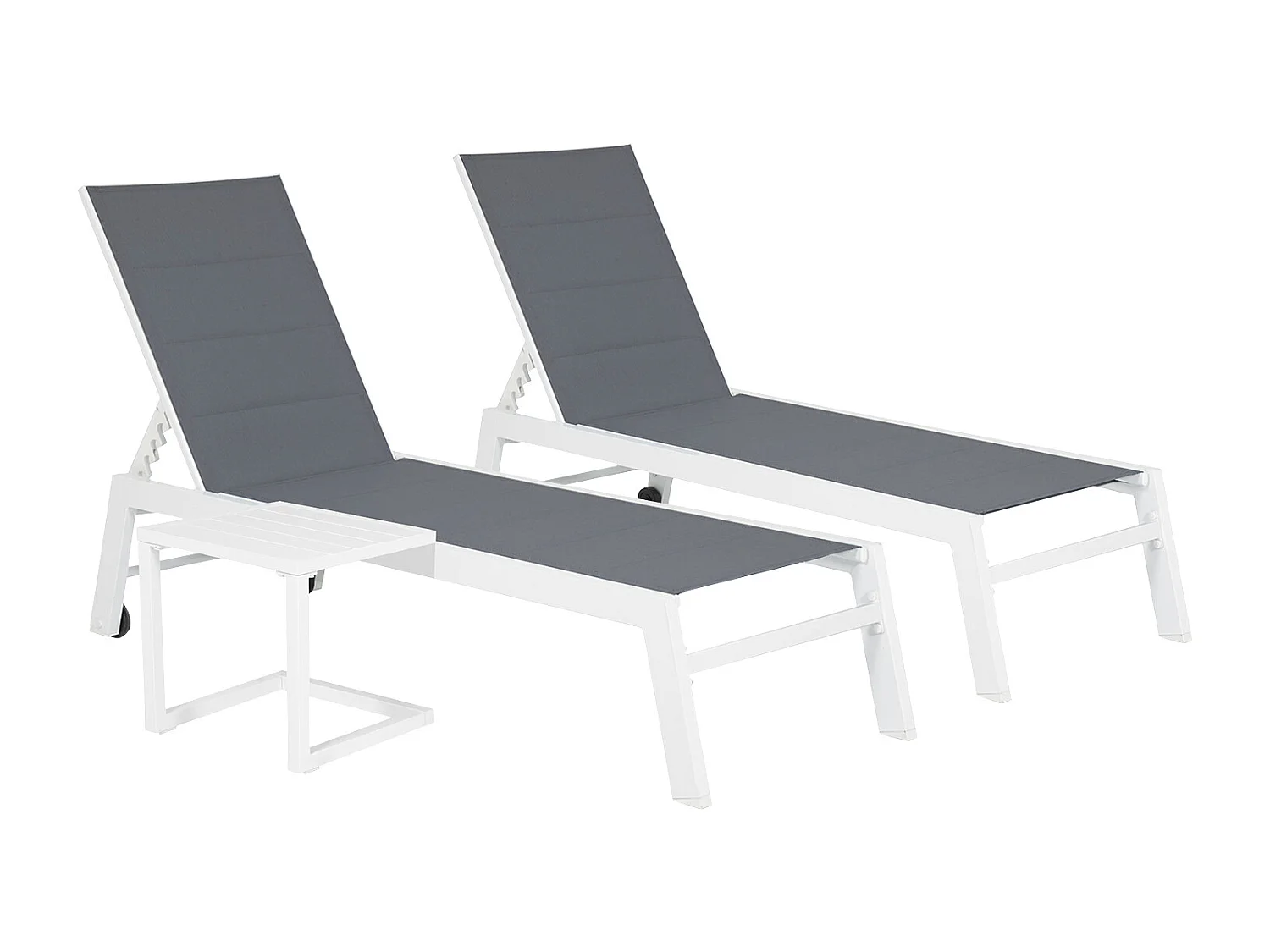 Set 2 bains de soleil et table d'appoint BARBADOS en textilène gris - aluminium blanc - HAPPY GARDEN