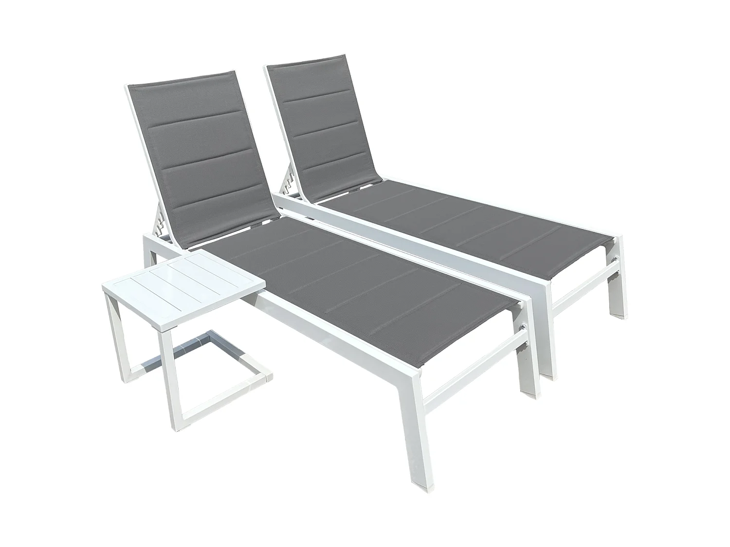 Set 2 bains de soleil et table d'appoint BARBADOS en textilène gris - aluminium blanc - HAPPY GARDEN