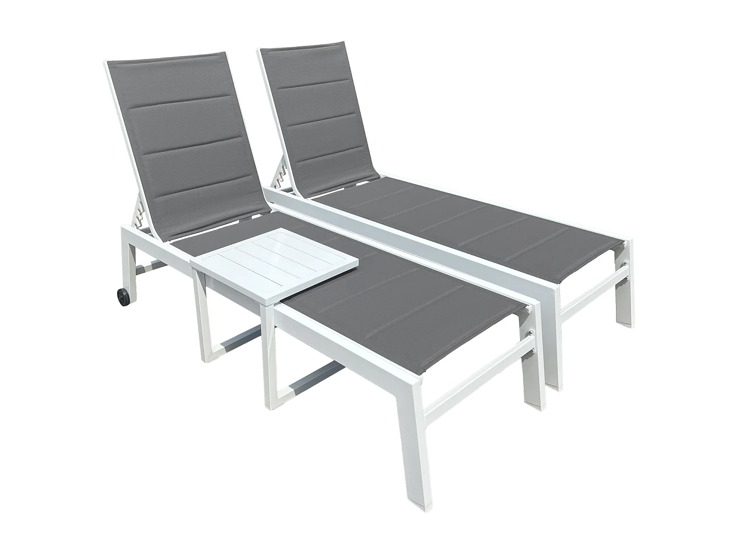 Set 2 bains de soleil et table d'appoint BARBADOS en textilène gris - aluminium blanc - HAPPY GARDEN