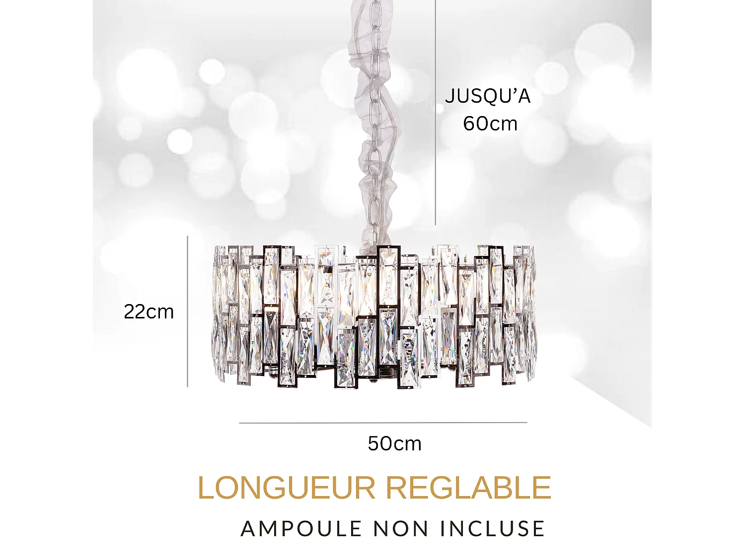 Lustre en cristal moderne pour salon argenté - Rond 50 cm - New York