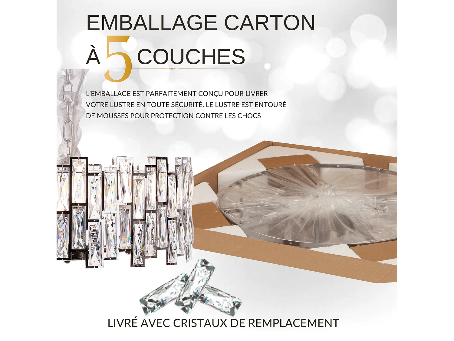 Lustre en cristal moderne pour salon argenté - Rond 50 cm - New York