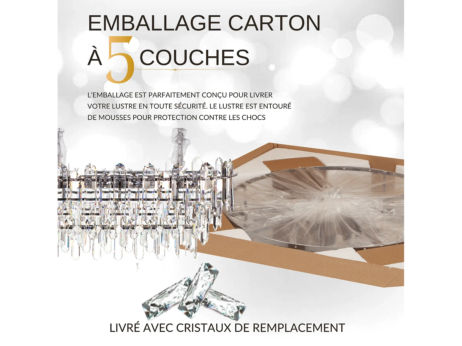 Lustre en cristal moderne pour salon argenté - Ovale 80 cm - Las Vegas