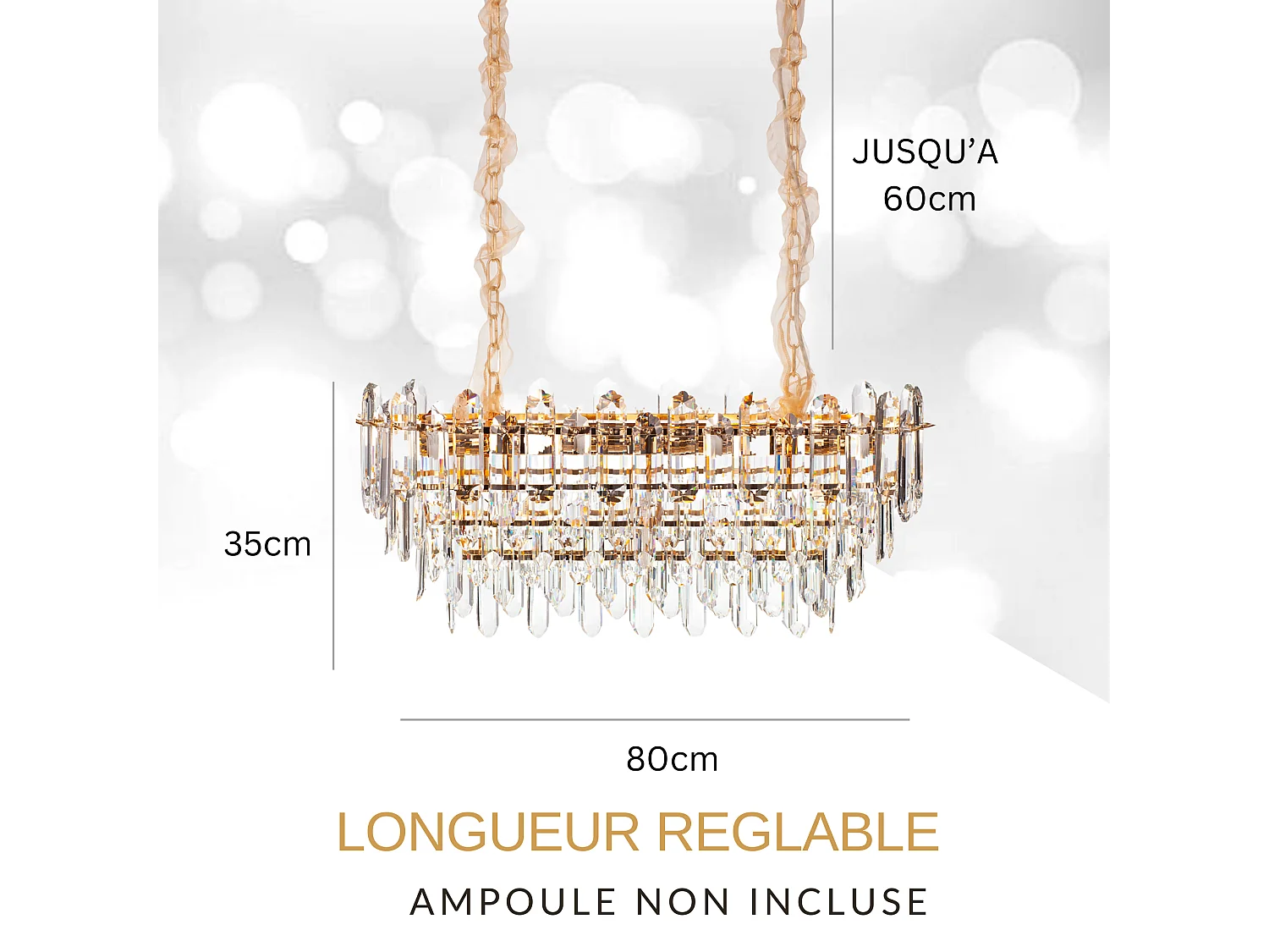 Lustre en cristal moderne pour salon doré - Ovale 80 cm - Las Vegas
