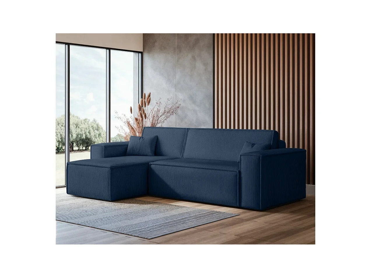 Canapé d'angle FARAH convertible et réversible 4 places en velours cotelé - Bleu foncé