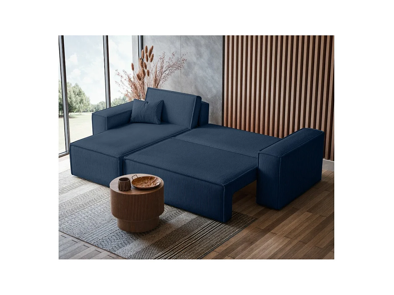 Canapé d'angle FARAH convertible et réversible 4 places en velours cotelé - Bleu foncé