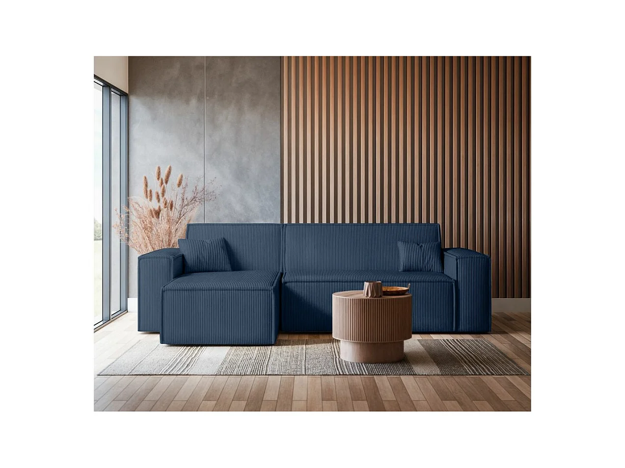 Canapé d'angle FARAH convertible et réversible 4 places en velours cotelé - Bleu foncé
