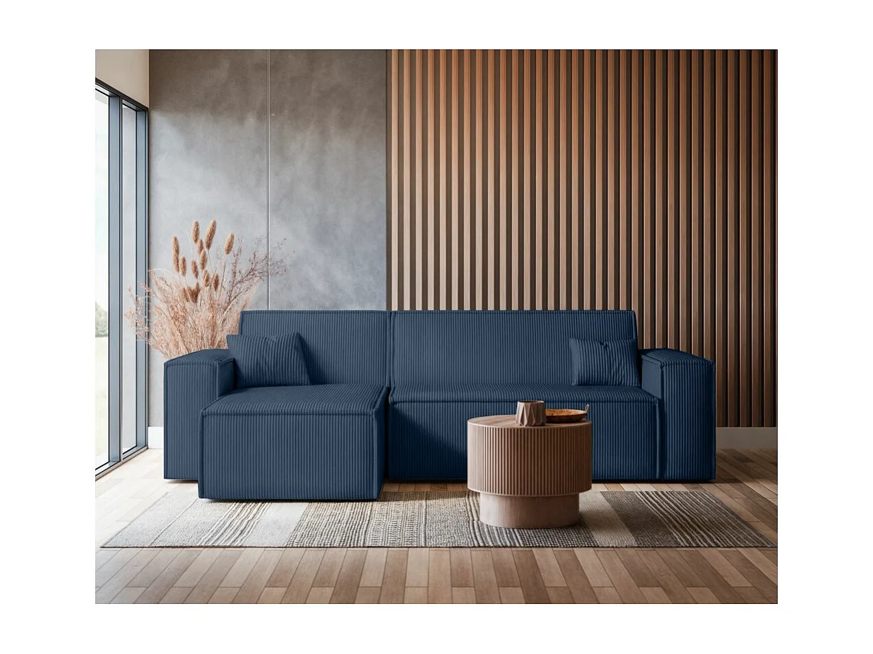 Canapé d'angle FARAH convertible et réversible 4 places en velours cotelé - Bleu foncé