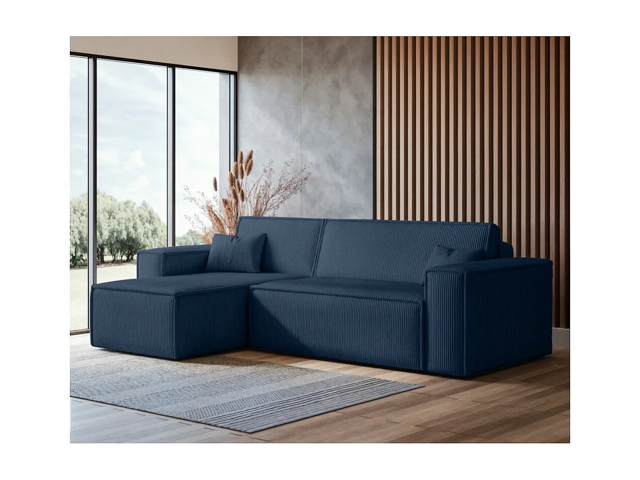 Canapé d'angle FARAH convertible et réversible 4 places en velours cotelé - Bleu foncé