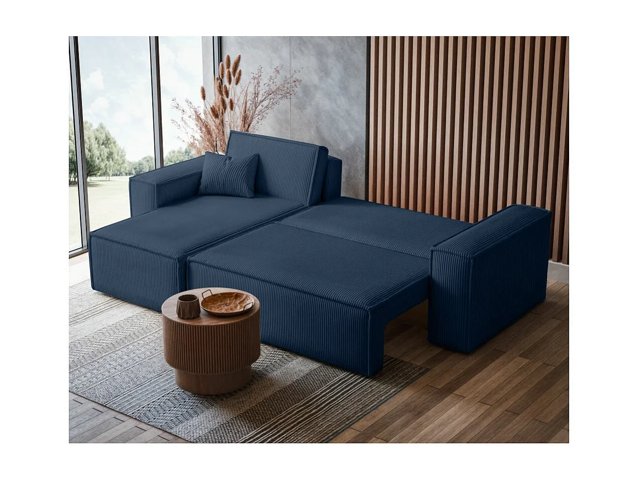 Canapé d'angle FARAH convertible et réversible 4 places en velours cotelé - Bleu foncé