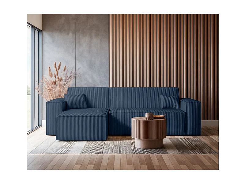 Canapé d'angle FARAH convertible et réversible 4 places en velours cotelé - Bleu foncé