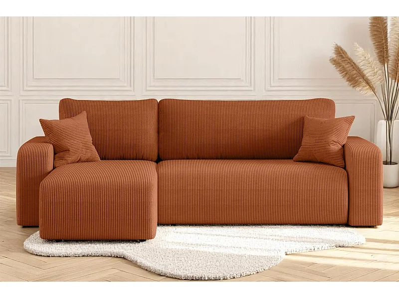 Canapé d'angle ALYA convertible et réversible 4 places en velours cotelé - Terracotta