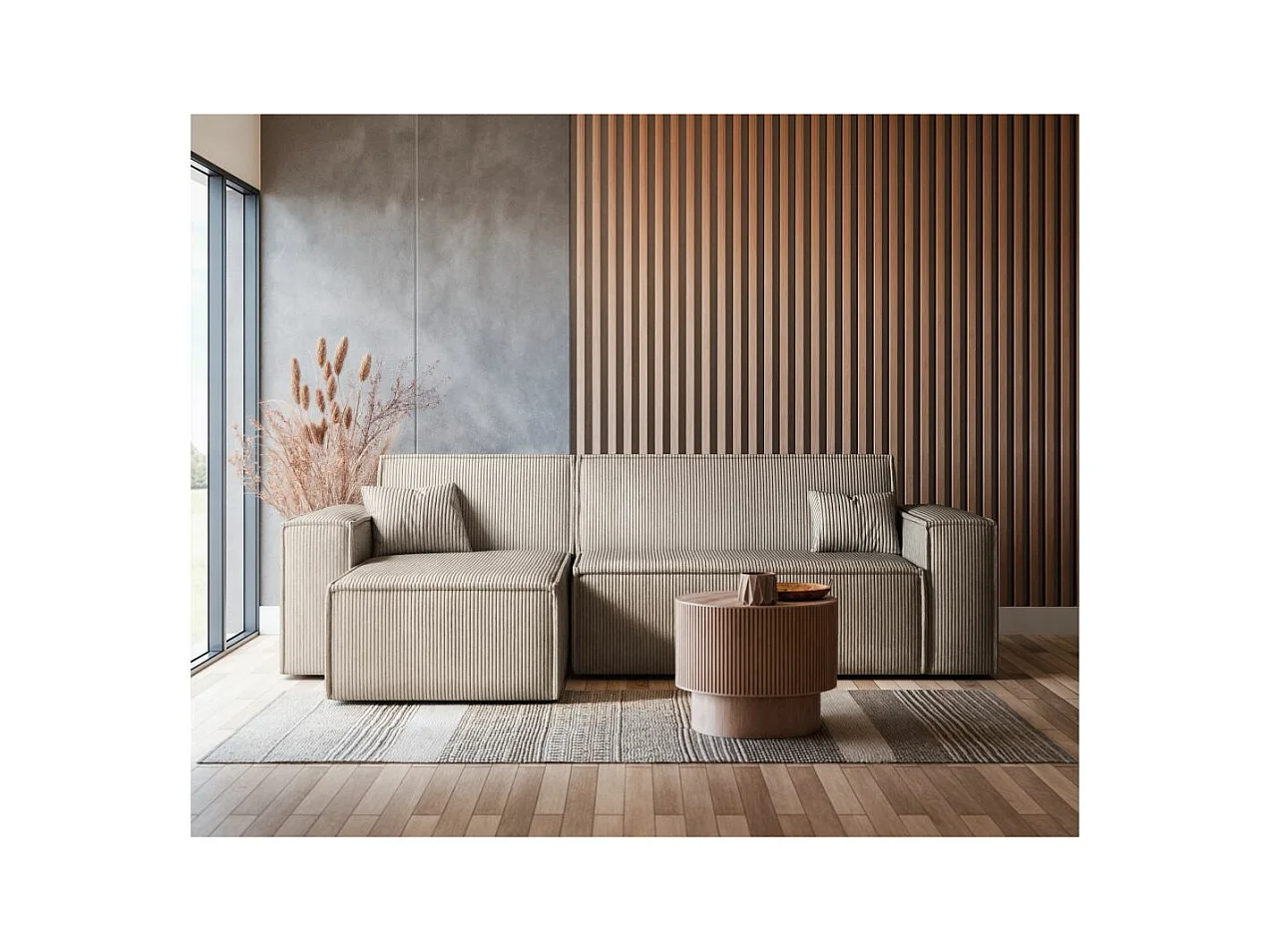 Canapé d'angle FARAH convertible et réversible 4 places en velours cotelé - Taupe