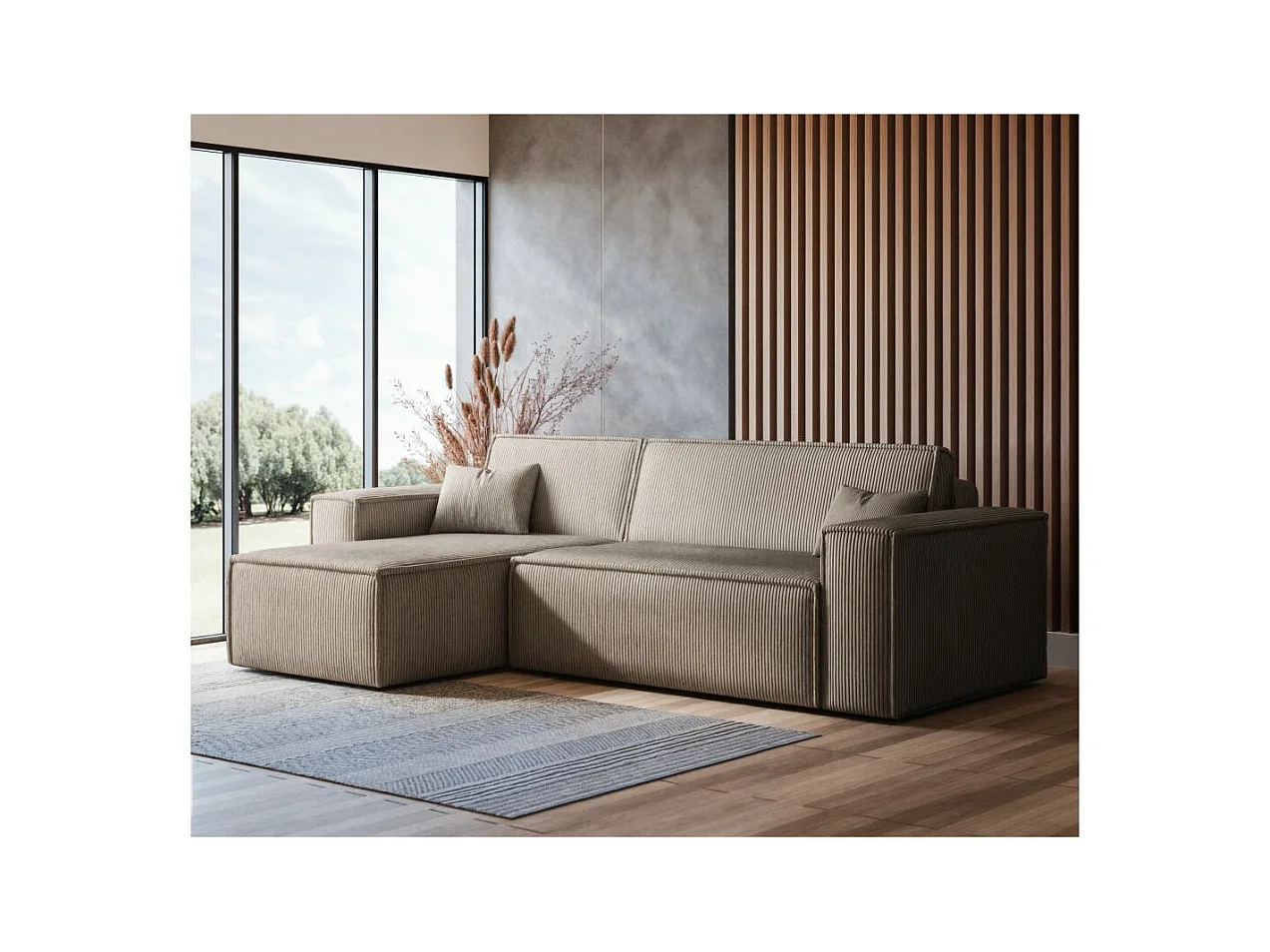 Canapé d'angle FARAH convertible et réversible 4 places en velours cotelé - Taupe