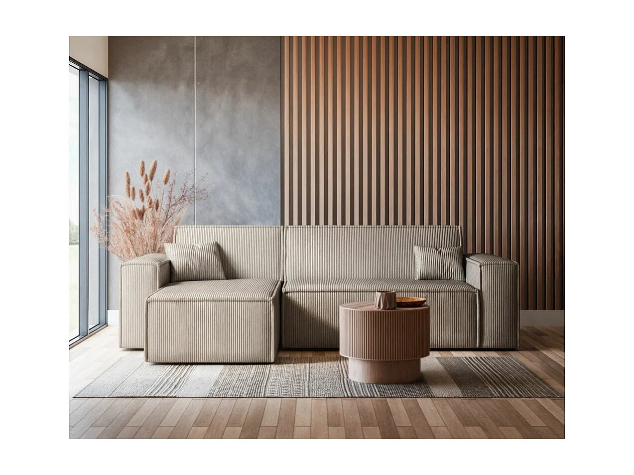 Canapé d'angle FARAH convertible et réversible 4 places en velours cotelé - Taupe