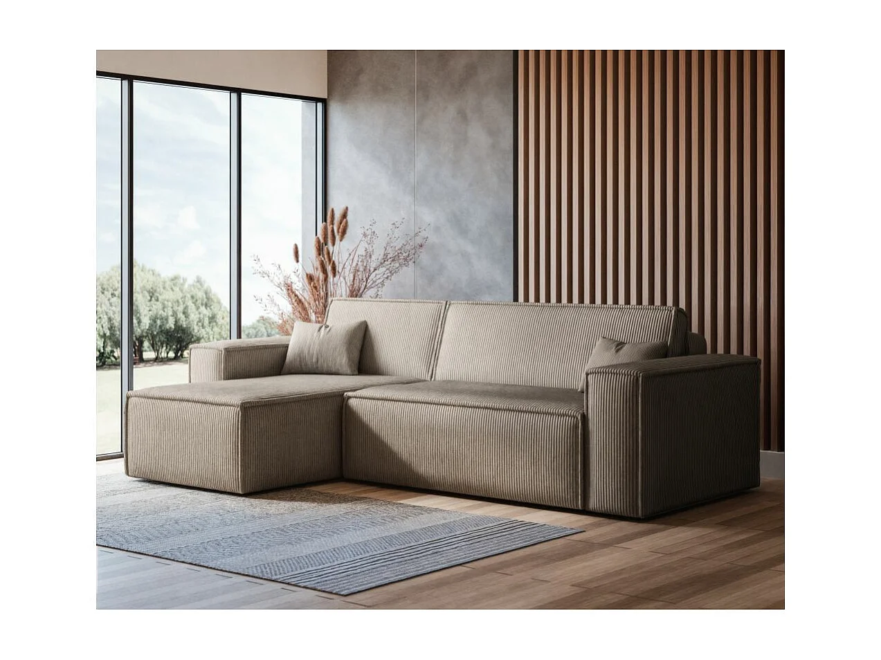 Canapé d'angle FARAH convertible et réversible 4 places en velours cotelé - Taupe