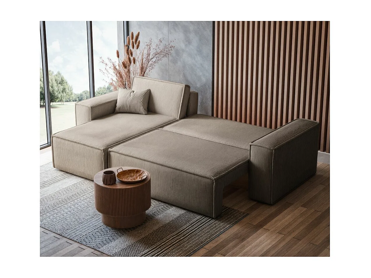 Canapé d'angle FARAH convertible et réversible 4 places en velours cotelé - Taupe