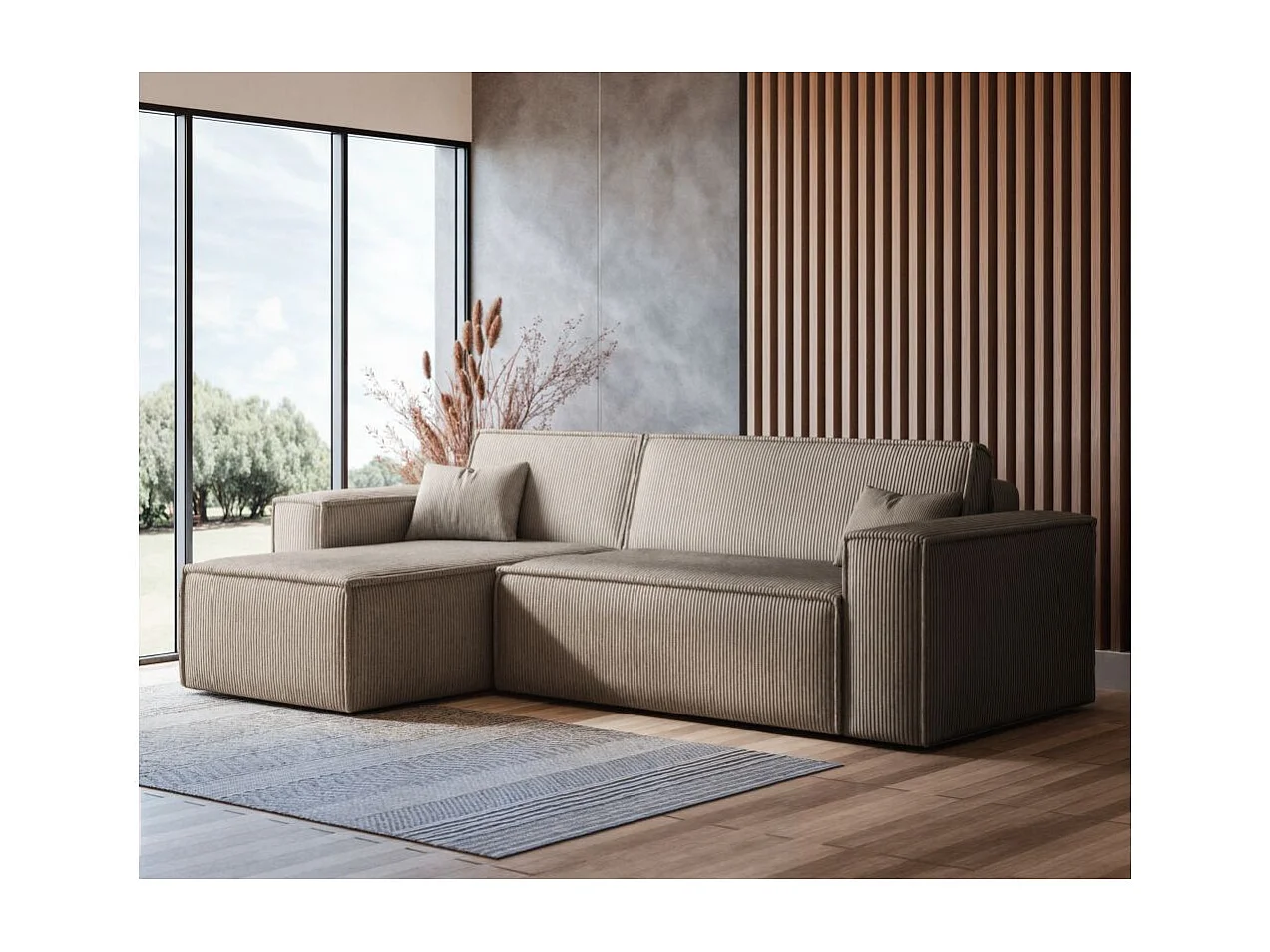 Canapé d'angle FARAH convertible et réversible 4 places en velours cotelé - Taupe