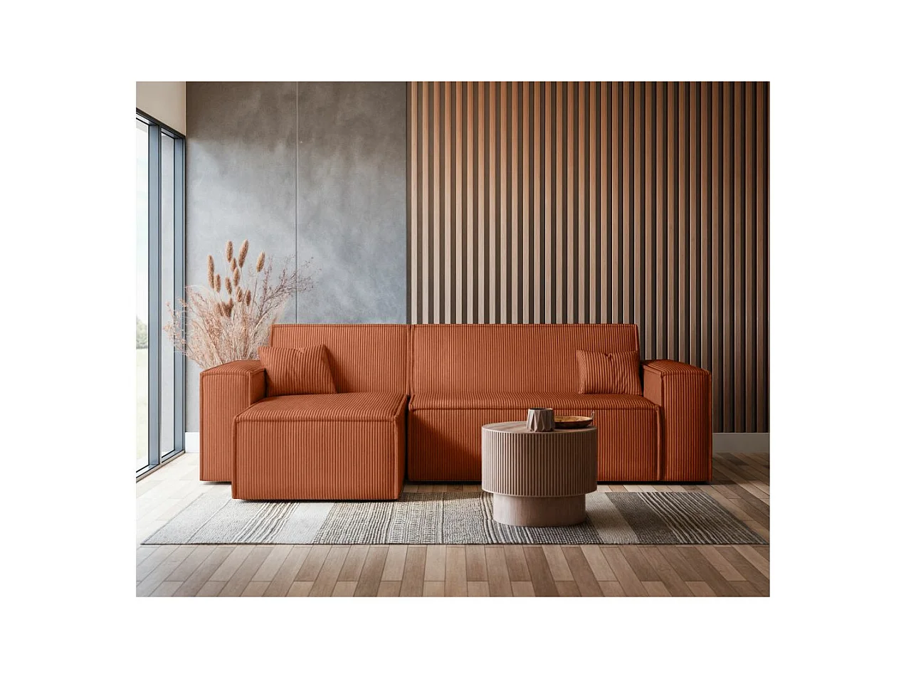 Canapé d'angle FARAH convertible et réversible 4 places en velours cotelé - Terracotta