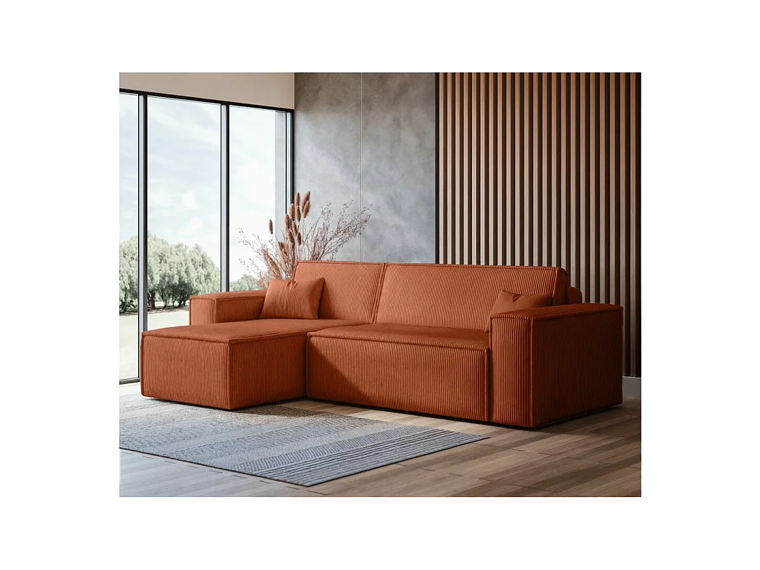 Canapé d'angle FARAH convertible et réversible 4 places en velours cotelé - Terracotta