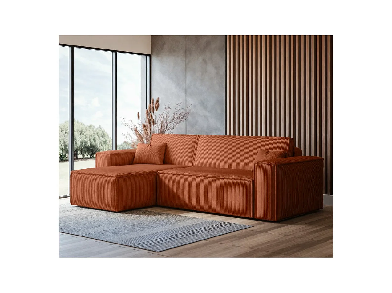 Canapé d'angle FARAH convertible et réversible 4 places en velours cotelé - Terracotta