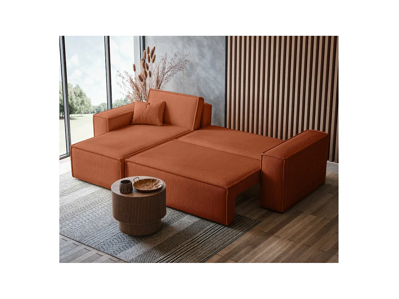 Canapé d'angle FARAH convertible et réversible 4 places en velours cotelé - Terracotta