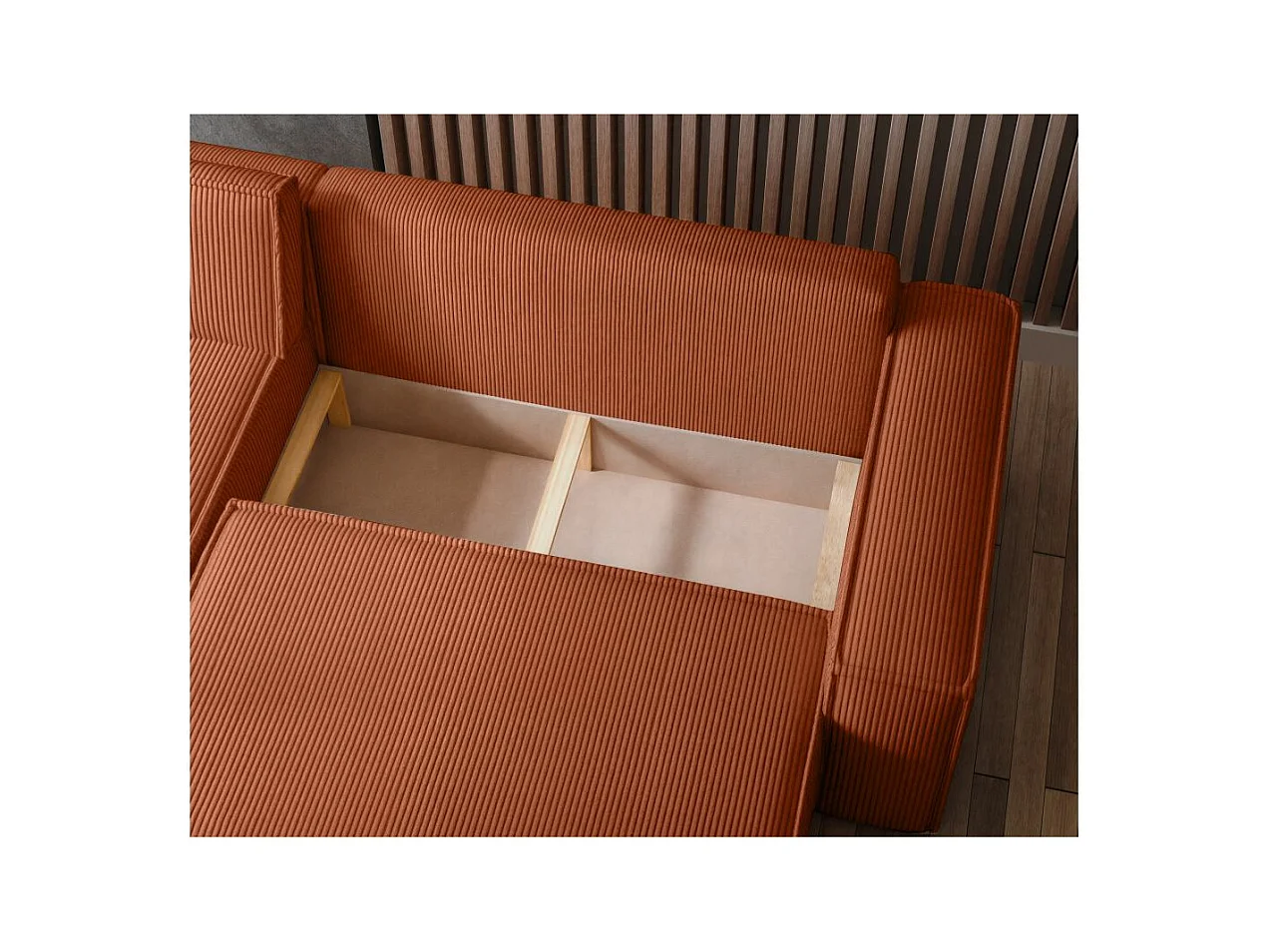 Canapé d'angle FARAH convertible et réversible 4 places en velours cotelé - Terracotta
