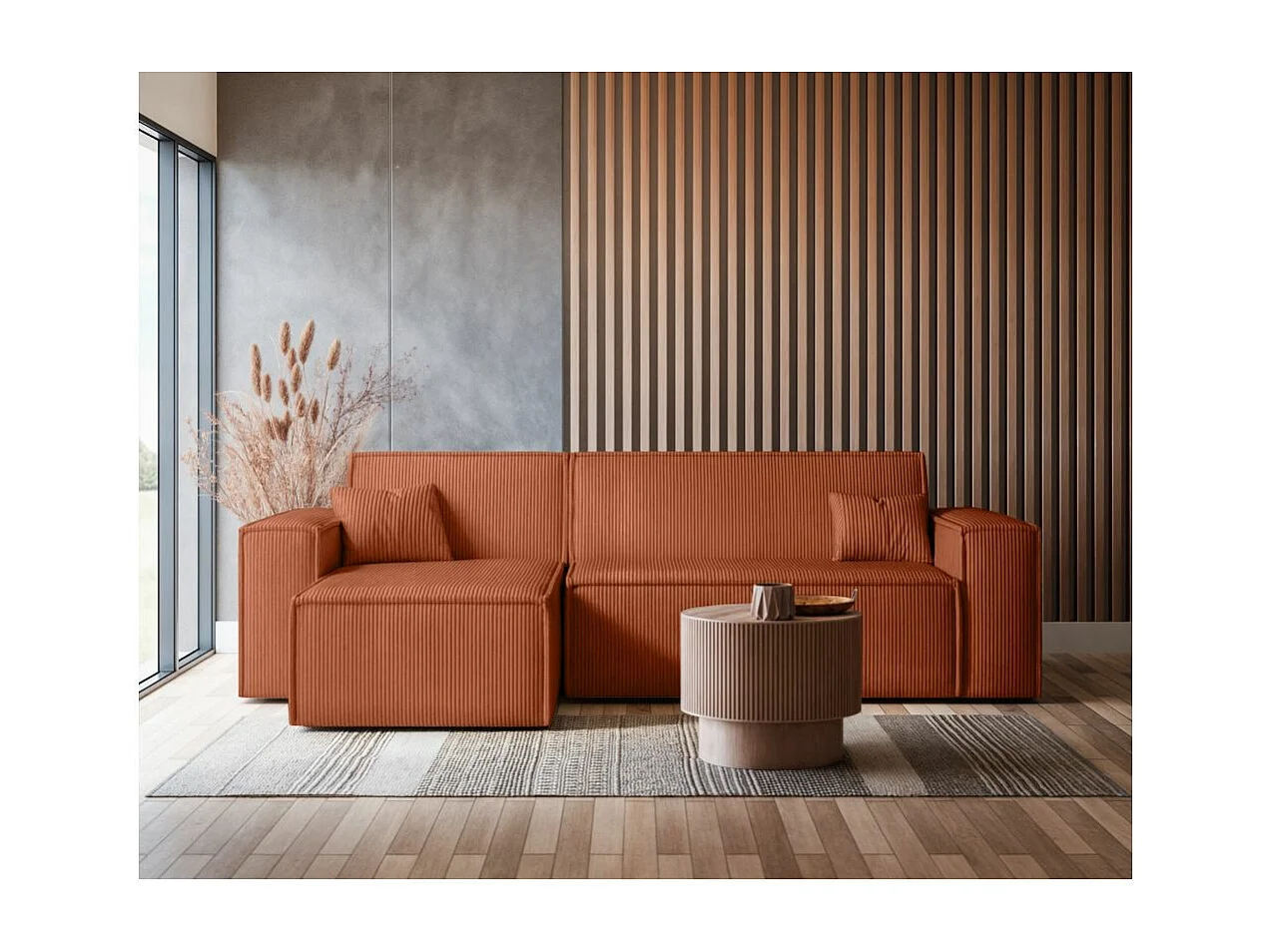 Canapé d'angle FARAH convertible et réversible 4 places en velours cotelé - Terracotta