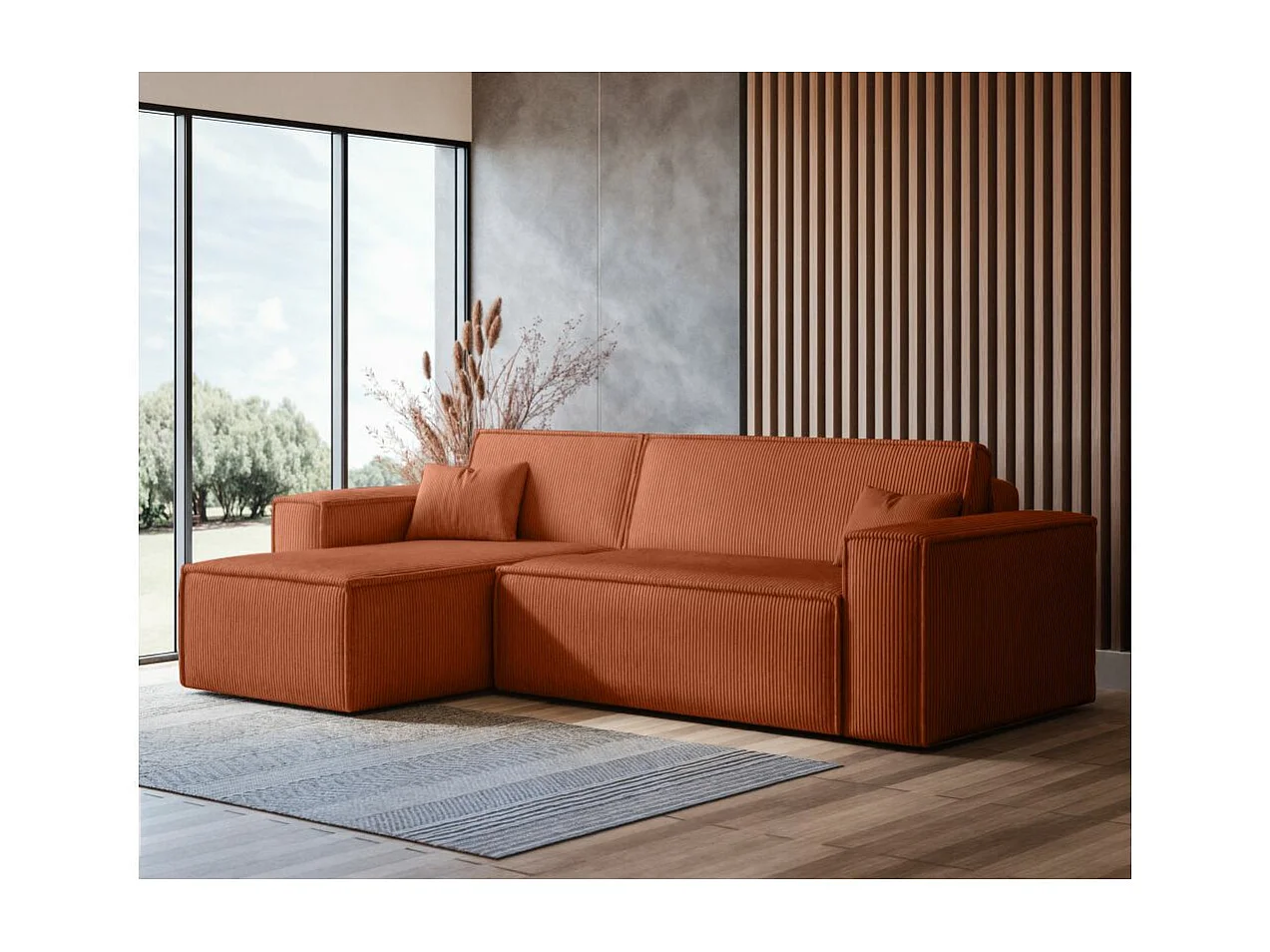 Canapé d'angle FARAH convertible et réversible 4 places en velours cotelé - Terracotta