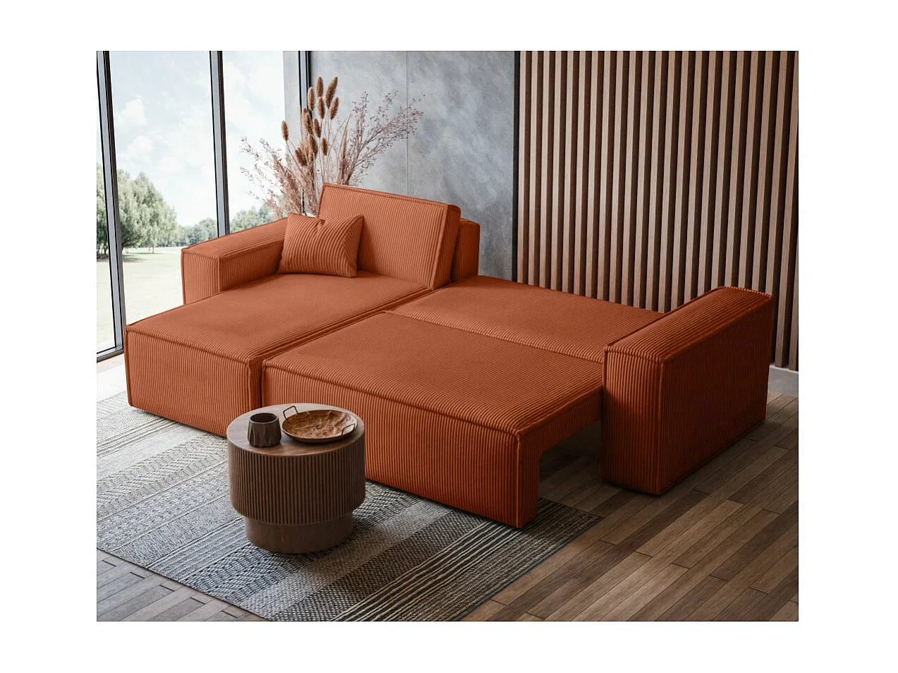 Canapé d'angle FARAH convertible et réversible 4 places en velours cotelé - Terracotta