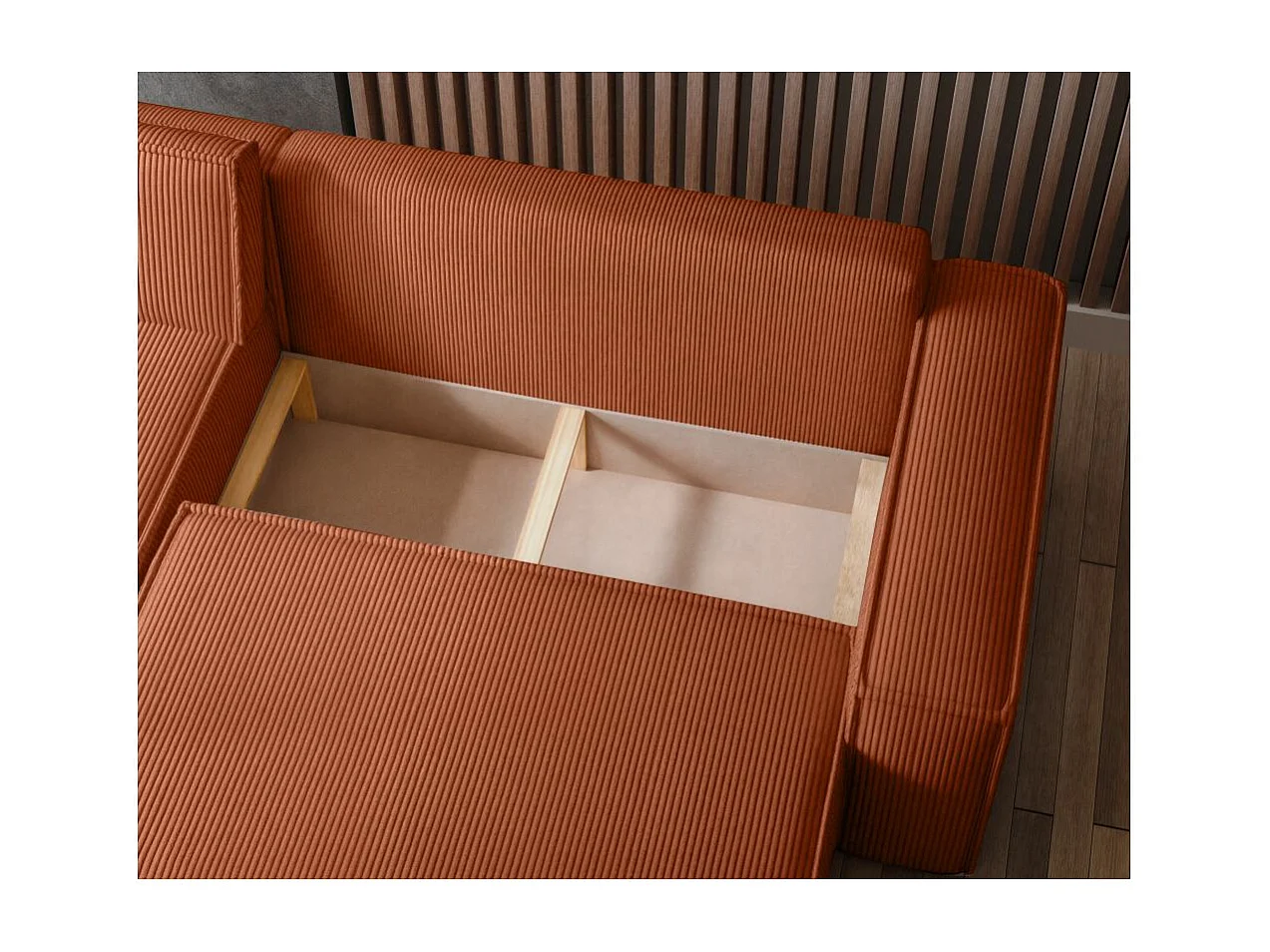 Canapé d'angle FARAH convertible et réversible 4 places en velours cotelé - Terracotta