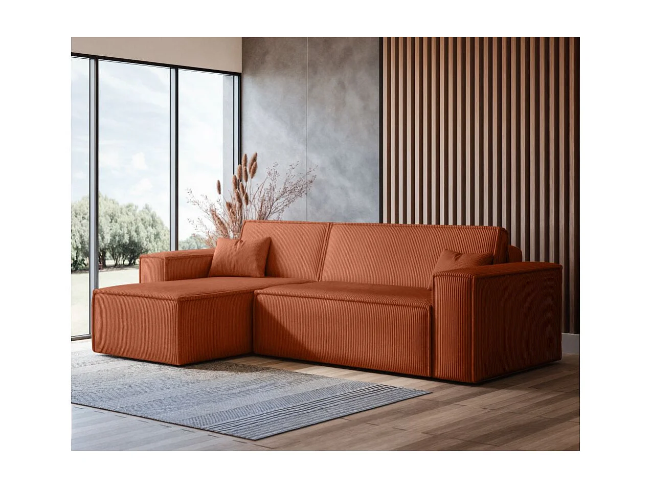 Canapé d'angle FARAH convertible et réversible 4 places en velours cotelé - Terracotta