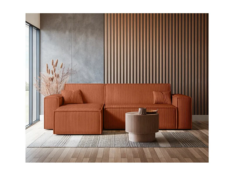 Canapé d'angle FARAH convertible et réversible 4 places en velours cotelé - Terracotta