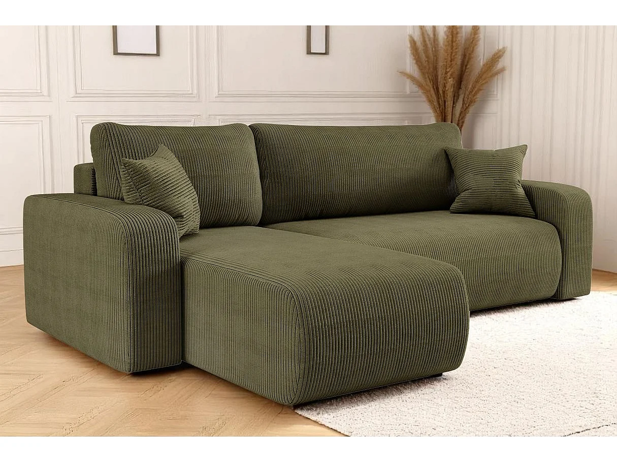 Canapé d'angle ALYA convertible et réversible 4 places en velours cotelé - Vert kaki