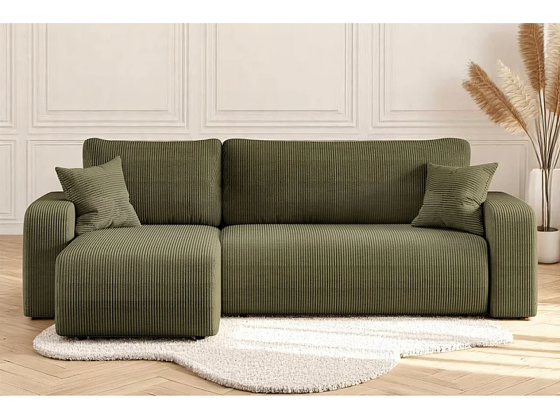 Canapé d'angle ALYA convertible et réversible 4 places en velours cotelé - Vert kaki