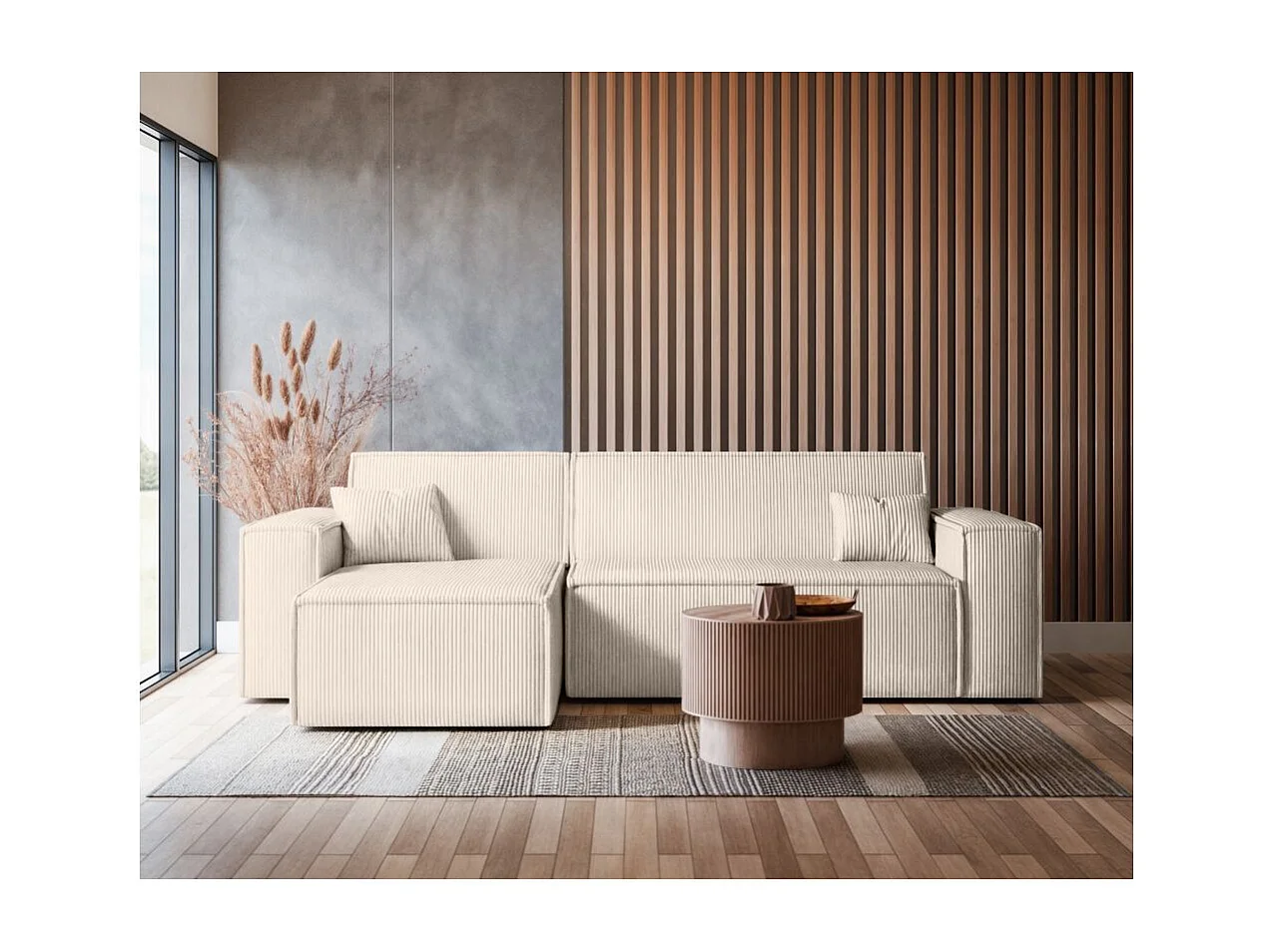 Canapé d'angle FARAH convertible et réversible 4 places en velours cotelé - Beige