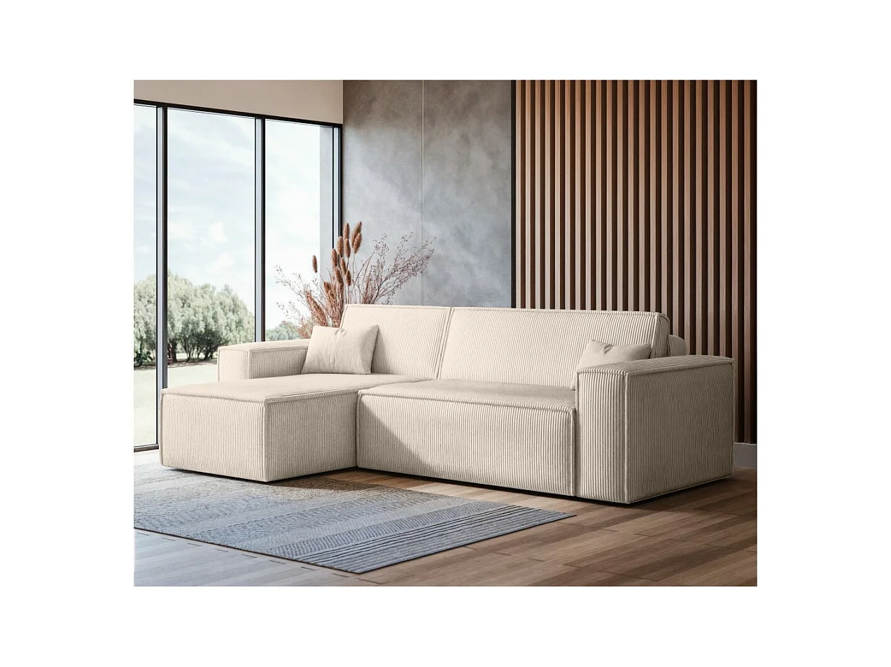 Canapé d'angle FARAH convertible et réversible 4 places en velours cotelé - Beige